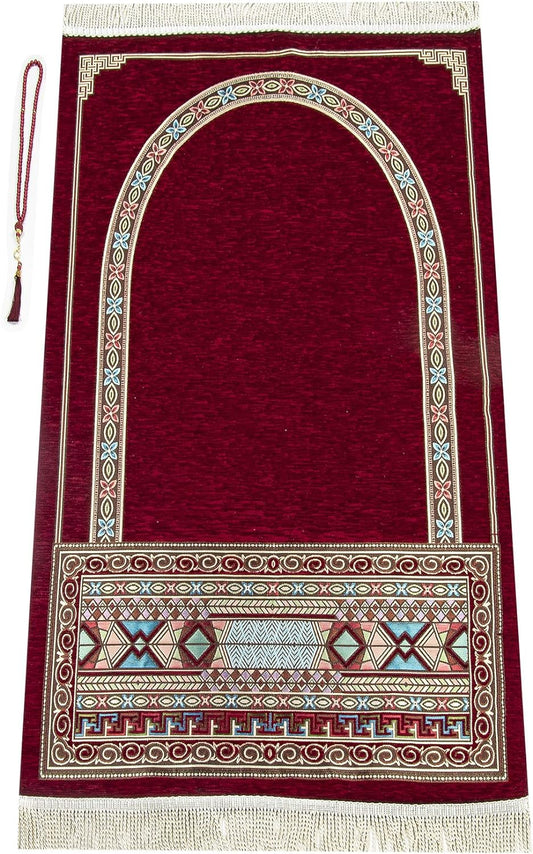 Red Chenille Muslim Prayer Rug with Prayer Beads