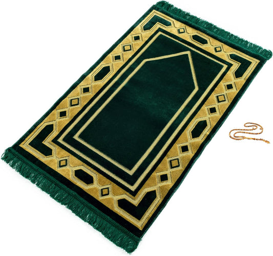 Islamic Prayer Mat - Soft Turkish Salah Mat, Green, with Pray Bead, Made in Turkey