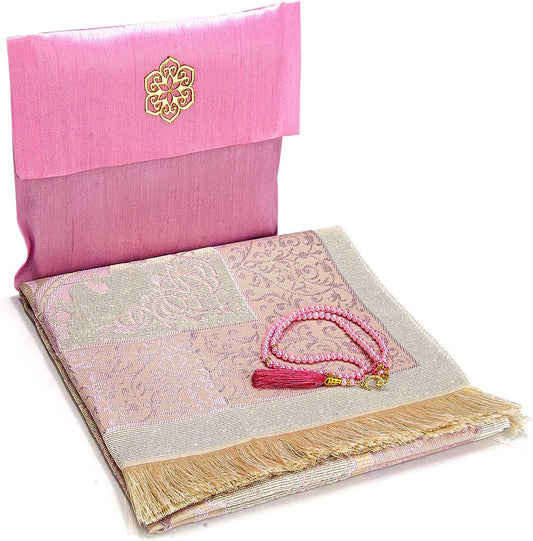 Pink Muslim Prayer Rug Set with Beads & Elegant Slub Fabric Bag