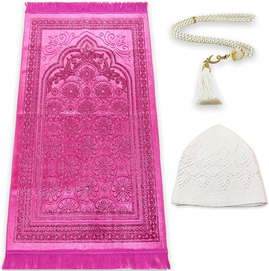 Pink Turkish Muslim Prayer Rug -  Portable with beads 