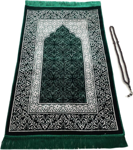 Islamic Turkish Velvet Prayer Rug - Green with prayer Beads 