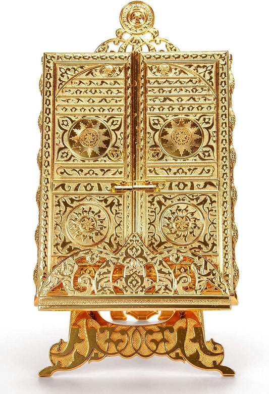 Kaaba-Inspired Quran Box: Islamic Metal Stand, Elegant Home Decor in Gold